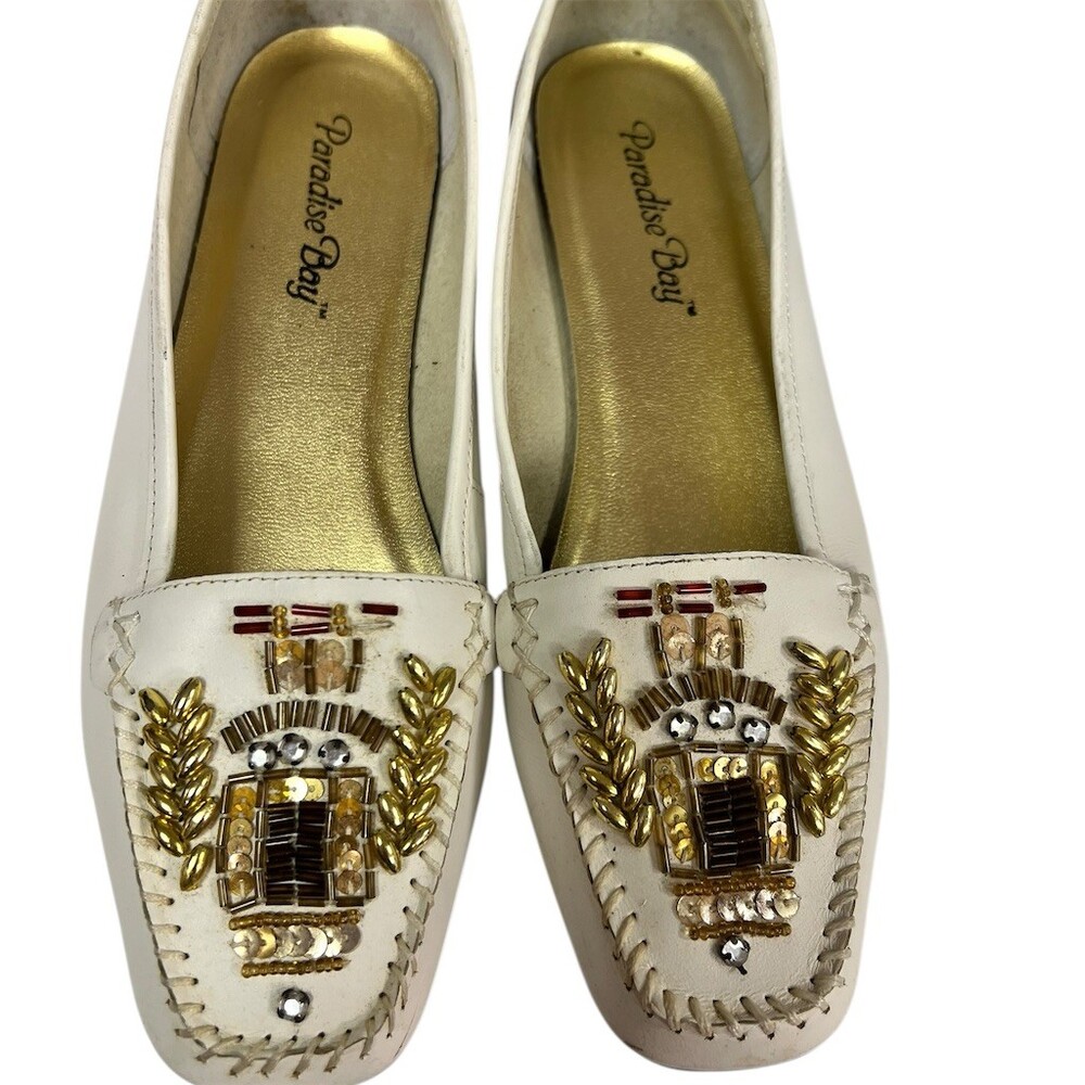 Paradise Bay Women's Loafer Flats White Beaded Sequin Square Toe Size 7 1/2 M